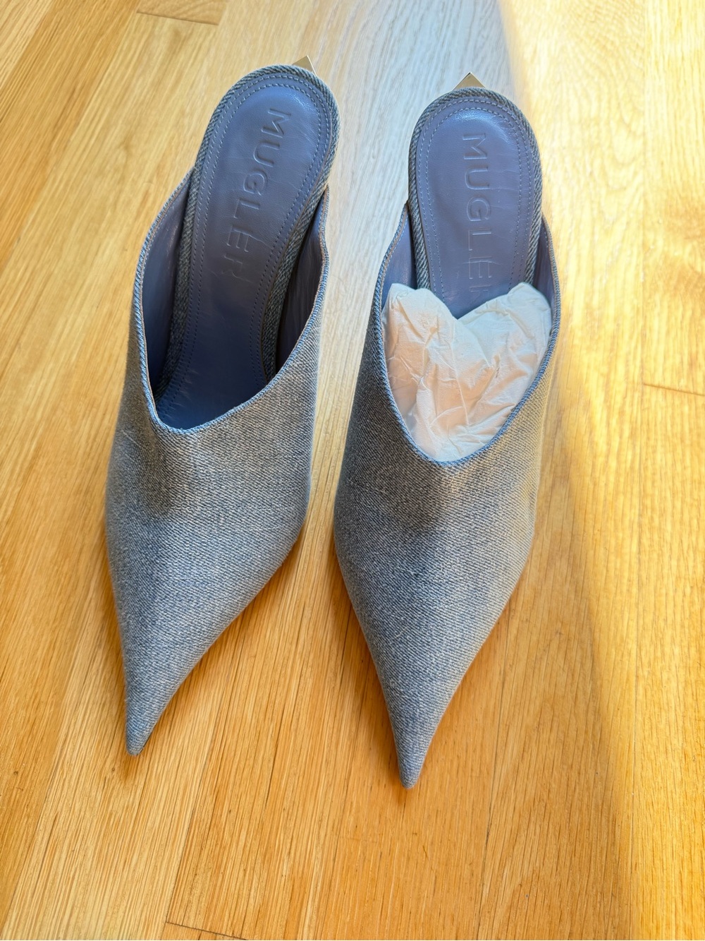 Mugler Grey Pointed Denim-Look Slip-On Mules